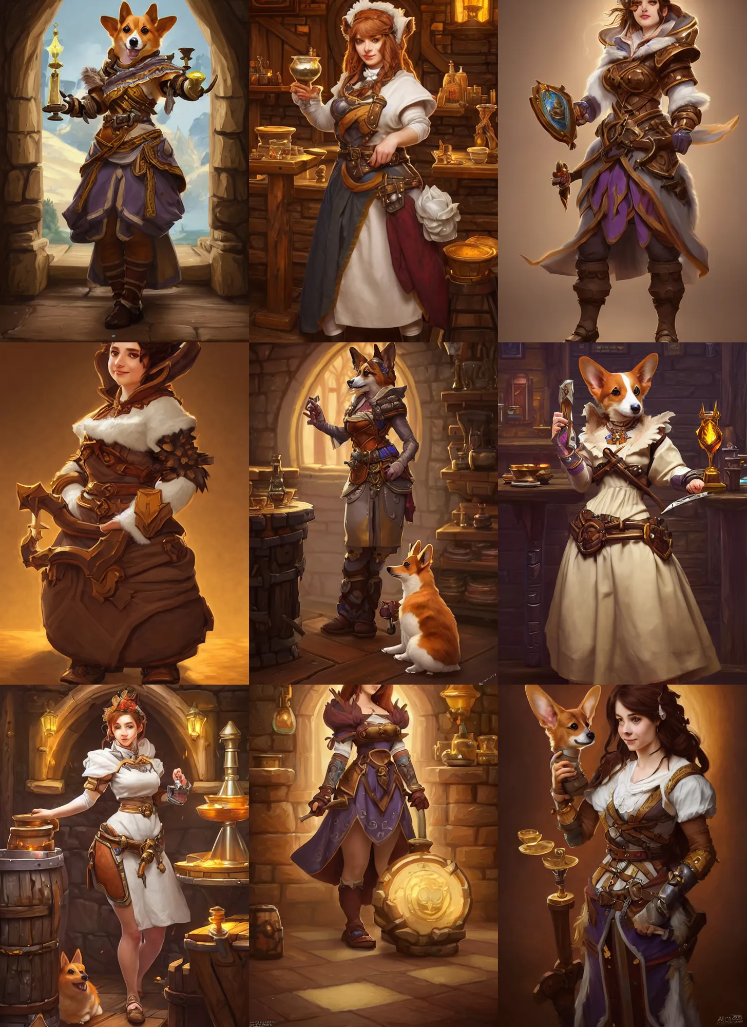 Prompt: full body photograph of a female anthropomorphic corgi fursona cleric in a tavern, deep focus, intricate, elegant, highly detailed, digital painting, artstation, concept art, matte, sharp focus, illustration, d & d, fantasy, hearthstone, art by artgerm and greg rutkowski and alphonse mucha