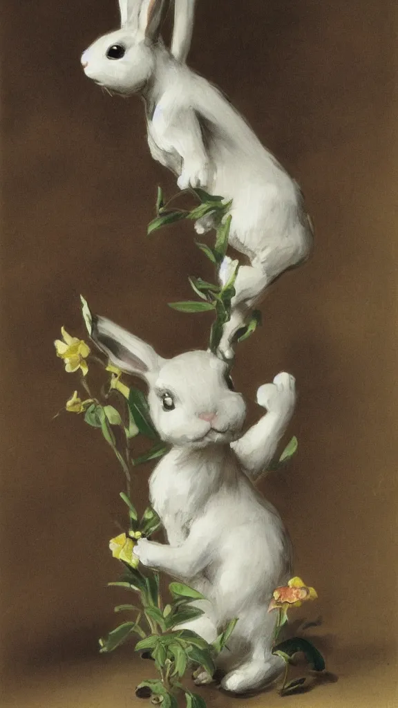 Image similar to in botanicals room a porcelain rabbit statue having a japanese kiseru in hand painted by john singer sargent