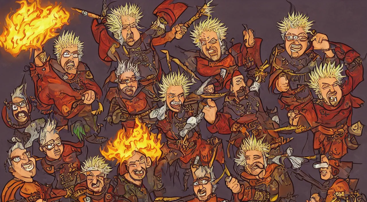 Image similar to a dungeons and dragons party of four guy fieri's, warrior fieri, mage fieri, rogue fieri, and cleric fieri, fantasy painting in the style of diego gisbert llorens