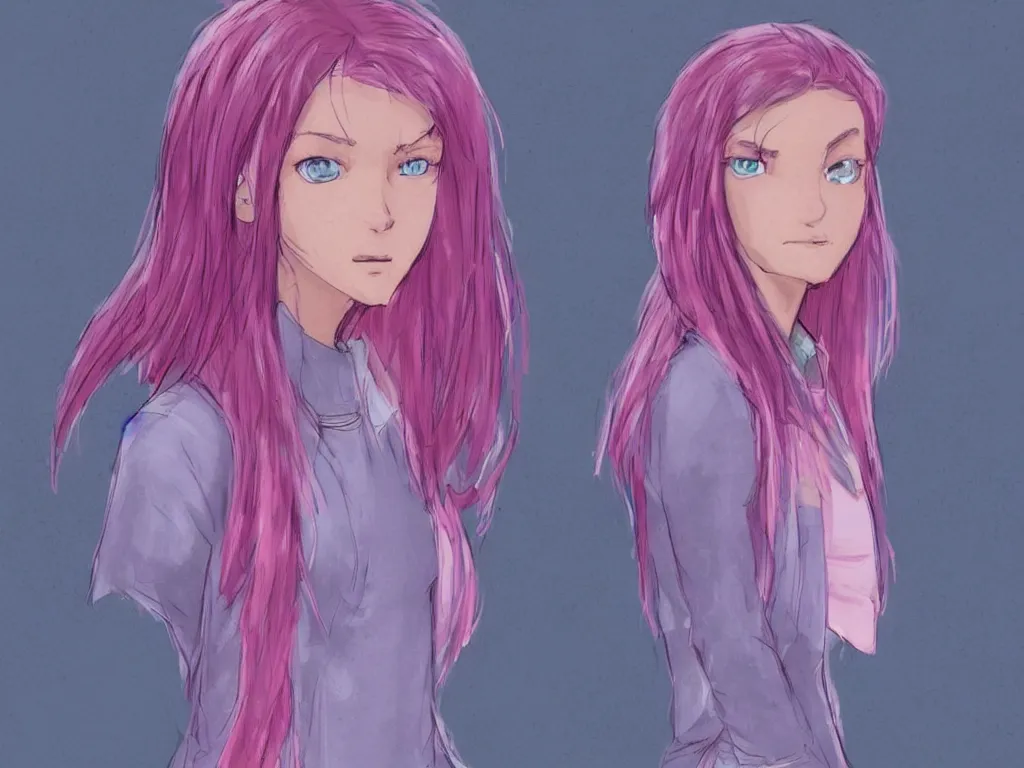 Prompt: concept art for the main character in the award winning film named life is better in pink. the character is a unnaturally attractive teenage girl with deep blue eyes and pink dyed hair, wearing only light pink clothes.