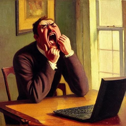 Image similar to an angry man yells at his computer monitor, oil on canvas, 1 9 0 1