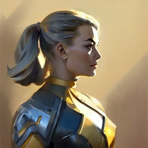 Prompt: greg manchess portrait painting of fully armored and armed margot robbie as overwatch character, close - up shot, asymmetrical, profile picture, organic painting, sunny day, matte painting, bold shapes, hard edges, street art, trending on artstation, by huang guangjian and gil elvgren and sachin teng