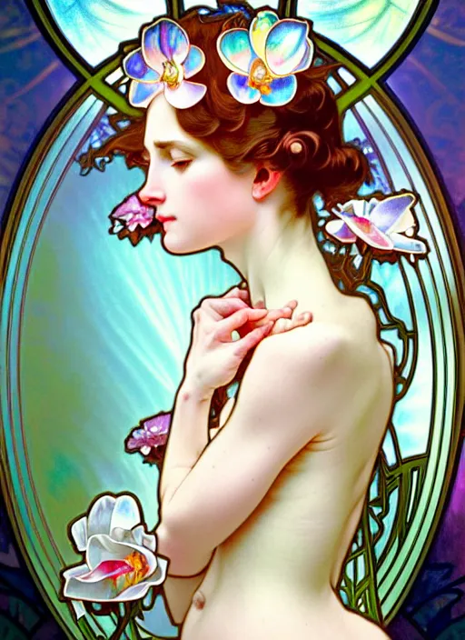 Image similar to magnolias, rococo and art nouveau fusion, iridescent diaphanous refractive and reflective flower bouquet, tarot card, highly detailed, deep focus, elegant, digital painting, smooth, sharp focus, illustration, ultra realistic, 8 k, art by artgerm and alphonse mucha