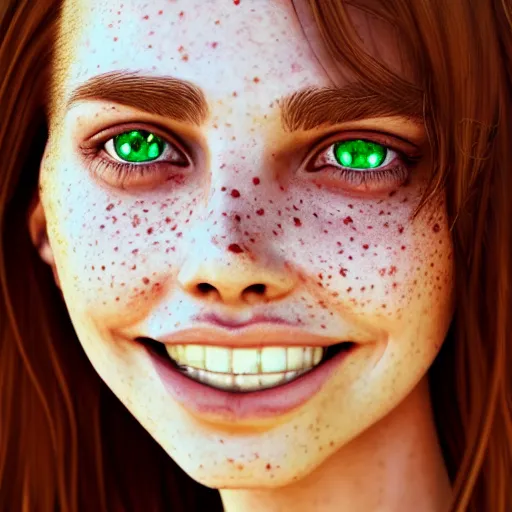 Image similar to portrait of a cute thin young woman, bronze brown hair, eye color is emerald green, red blush, cute freckles, smug smile, modern clothes, relaxing on the beach, golden hour, close up shot, 8 k, art by irakli nadar, hyperrealism, hyperdetailed, ultra realistic