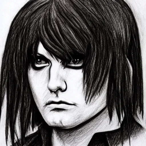 Image similar to A traditional drawing of Gerard Way in a style of emo/scene drawing, late 2000’s, low quality, trending on Deviantart