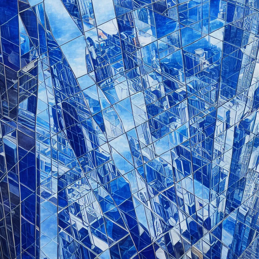 Image similar to surrealist artwork : downward view of a man free falling into a skyscrapper city made of mirrors. blue indigo colour scheme