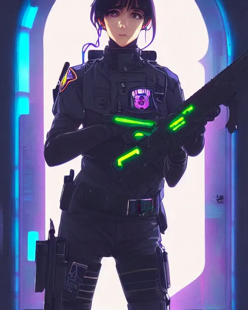 Image similar to anime key visual of a female officer, swat vest, neon, cyberpunk, futuristic, stunning, highly detailed, digital painting, smooth, soft focus, illustration, movie poster, japanese typography, digital art from artstation by artgerm and greg rutkowski and alphonse mucha