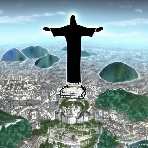 Prompt: Christ the Redeemer smiling, animation, anime, cartoon, concept art