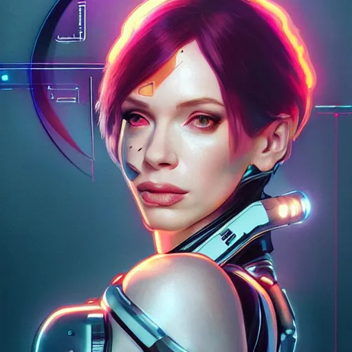 Image similar to transhuman cyborg christina hendricks as a character from cyberpunk 2 0 7 7 wearing stylish 1 9 8 0 s futuristic clothing, intricate, elegant, highly detailed, digital painting, artstation, concept art, smooth, sharp focus, illustration, art by artgerm and greg rutkowski and alphonse mucha