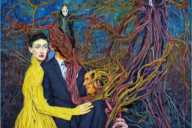 Image similar to expressionism painting of two lovers wearing a suit made of nervous system, channeling third eye energy, surrounded by a background of dark cyber mystic garden of earthly delights, midnight hour, painted part by francis bacon, part by josan gonzales, part by dan mumford, part by norman rockwell, part by gustave moreau, artstation, 4K, highly detailed,