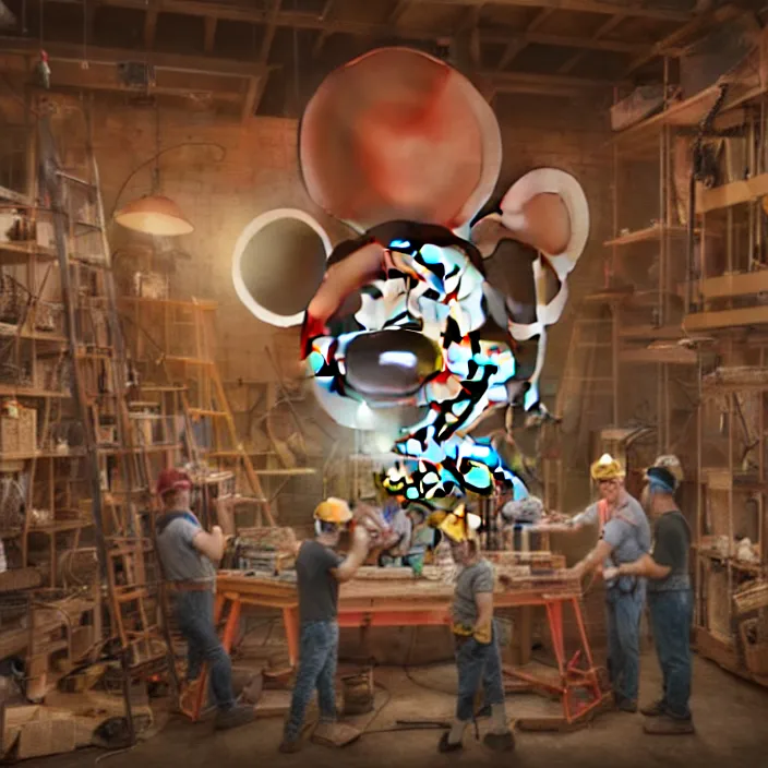 Image similar to crew of workers building giant mickey mouse head in quaint workshop, octane render, 4 k ultra hd, hyper - detailed, realistic, seedy lighting, sharp focus, in style of beeple