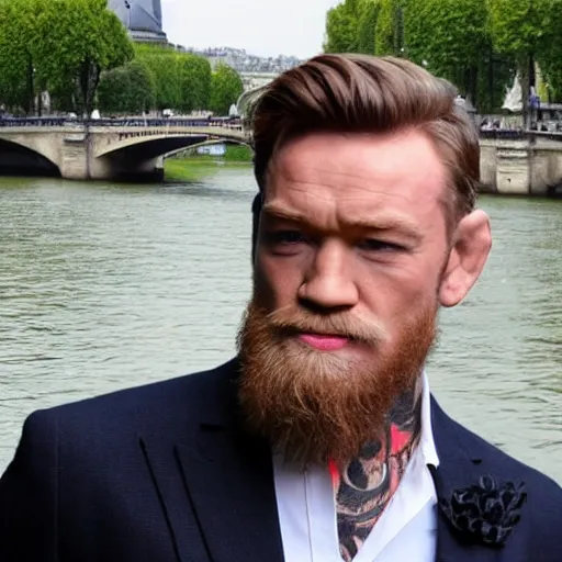 Prompt: mcgregor is dressed as a gentleman at early 2 0 th century paris. he is having a coffee at the banks of river seine. ewan mcgregor has a coffee cup on his hand. next to him is a small brown cat with yellow glowing eyes. blueish tint