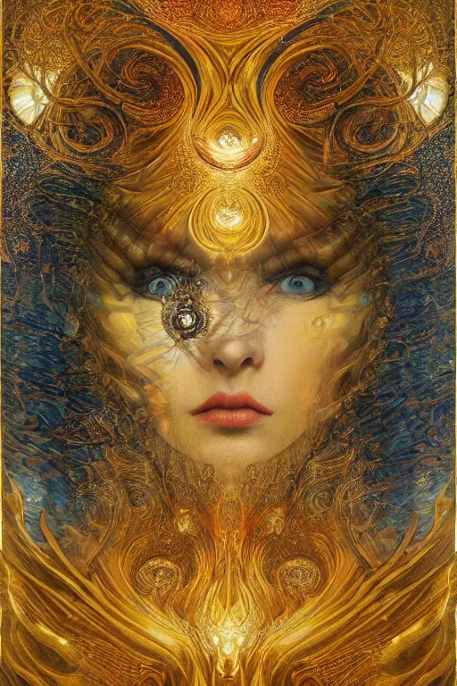 Image similar to Divine Chaos Engine by Karol Bak, Jean Deville, Gustav Klimt, and Vincent Van Gogh, visionary, sacred fractal structures, ornate gilded medieval icon, spirals, 8k 3D