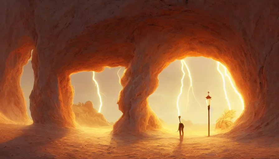 Image similar to a glowing magical gate inside a sand tsunami fantasy time in the desert to another dimension, focus gate, protal, a man watching over, lightning by, caspar david friedrich by james gilleard and justin gerard, artstation, smooth, sharp focus, by jean baptiste, octane render