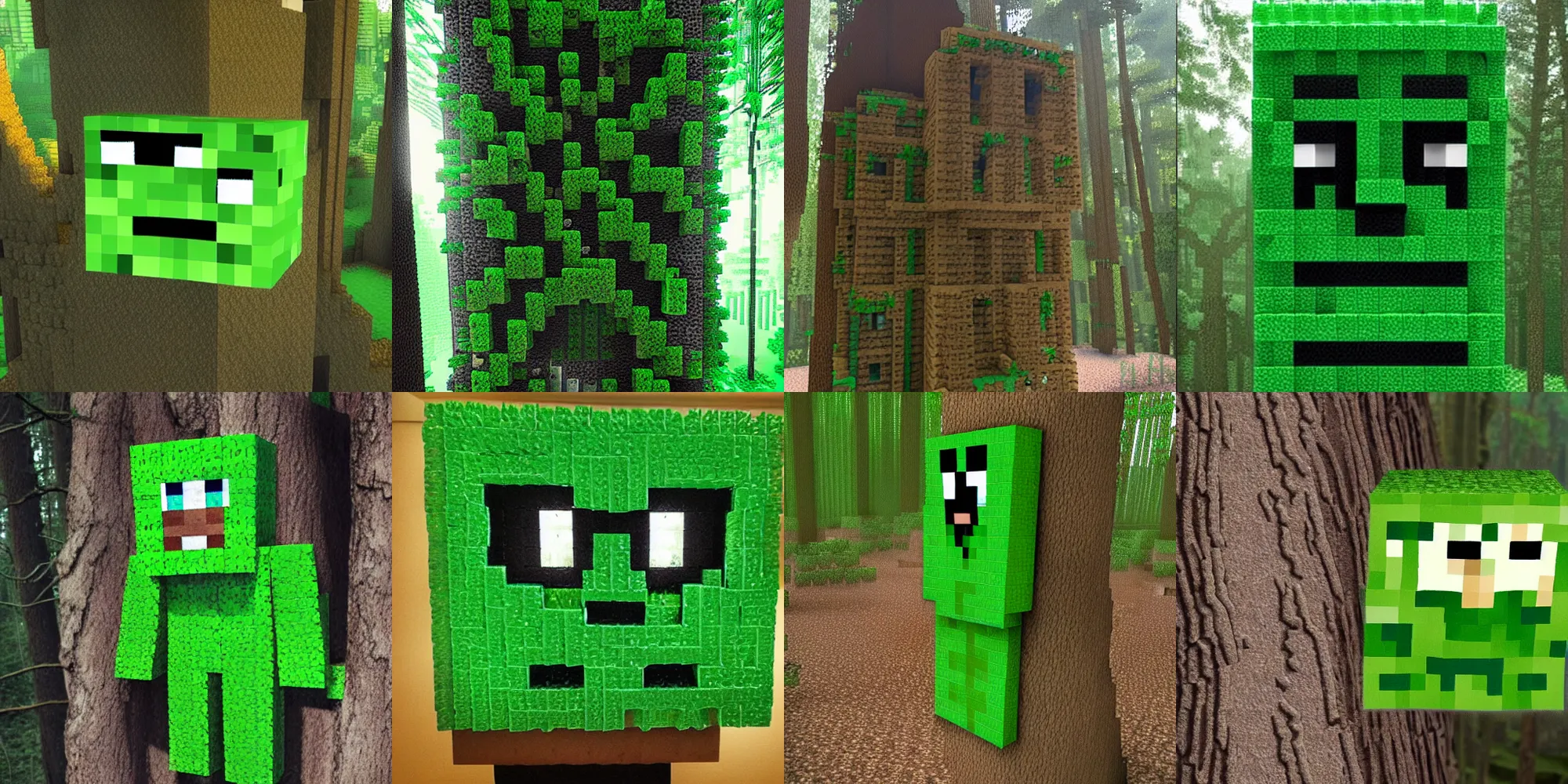 Prompt: a photo of a minecraft creeper in real life in the woods