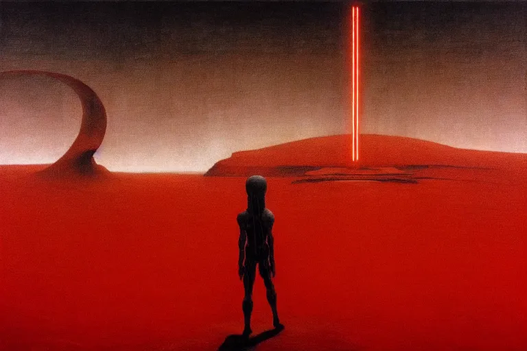 Prompt: only with red, a red god of death eat apple, a futuristic city on mars in background, an ancient path, pathos, in the style of beksinski, part by hopper, part by rodcenko, part by hofbauer, intricate composition, red by caravaggio, insanely quality, highly detailed, masterpiece, red light, artstation, 8 k