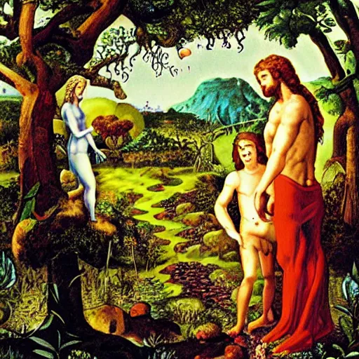 Prompt: Adam and Eve in the garden of Eden, eating psychedelic mushrooms, in the background are snakes and angels