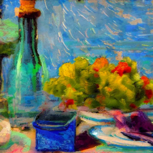 Prompt: impressionist painting of an assortment of random objects