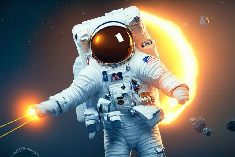 Image similar to astronaut in space wearing a spacesuit floating, meteor hitting earth in background, highly detailed, photorealistic portrait, bright studio setting, studio lighting, crisp quality and light reflections, unreal engine 5 quality render