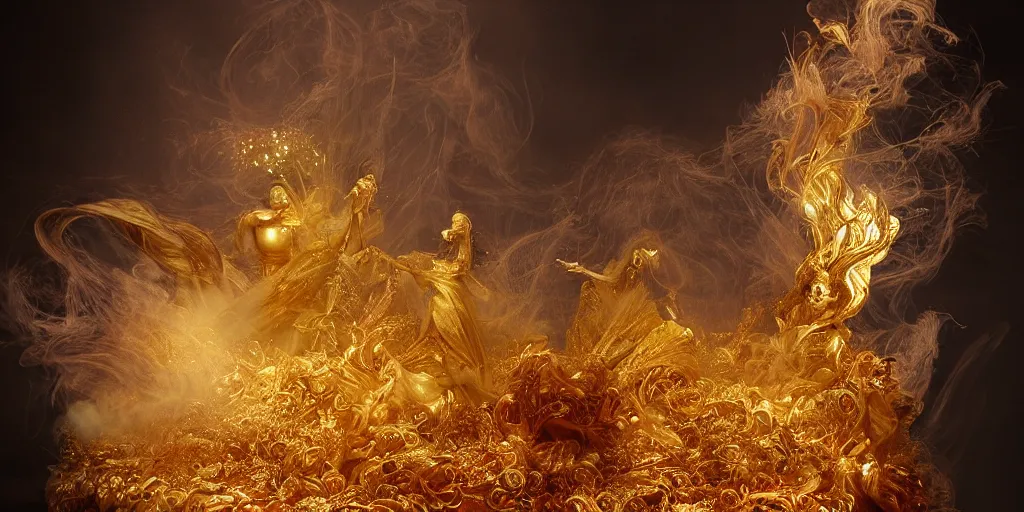 Image similar to 'Deamons unleashed in Times Square' by István Sándorfi royally decorated, whirling smoke, embers, gold encrustations , gilt silk torn fabric, radiant colors, fantasy, perfect lighting, studio lit, volumetric lighting, micro details, 3d sculpture,