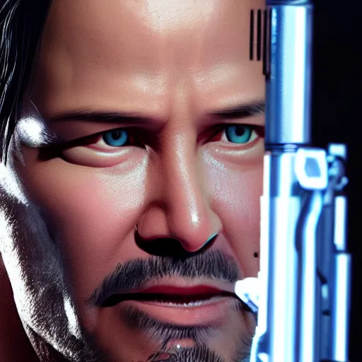 Prompt: Keanu Reeves as terminator , muscle extremely detailed, fantastic details full face, mouth, trending on artstation, pixiv, cgsociety, hyperdetailed Unreal Engine 4k 8k ultra HD, WLOP