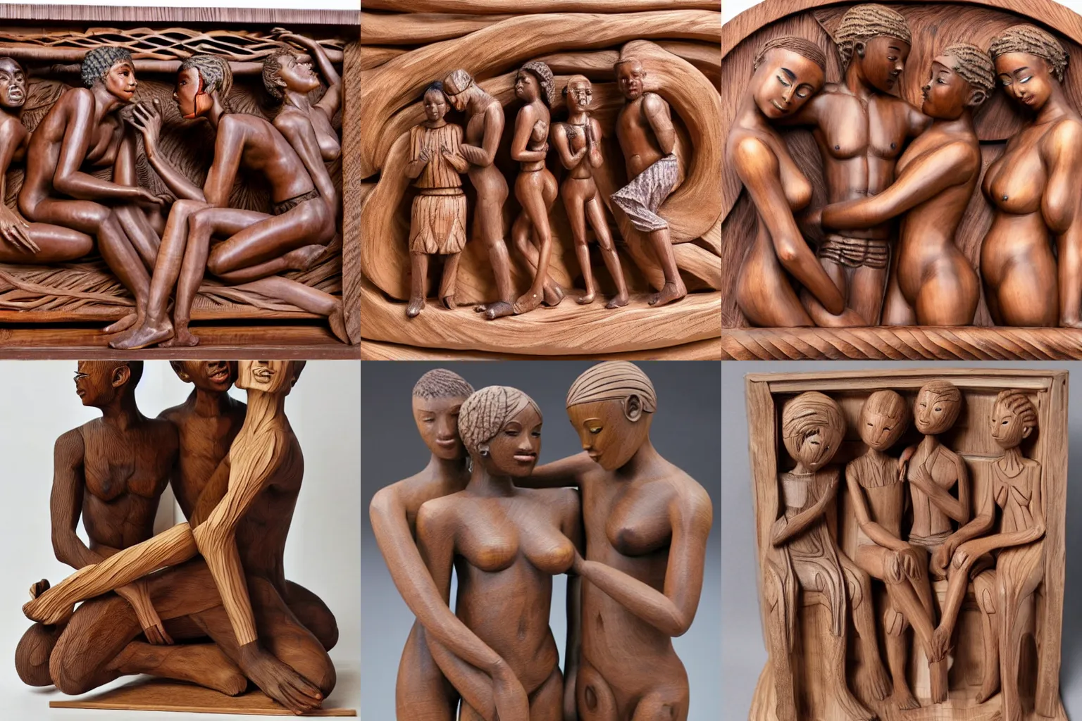 Prompt: intricate wood sculpture of beautiful androgynous polyamorous racially diverse people caressing