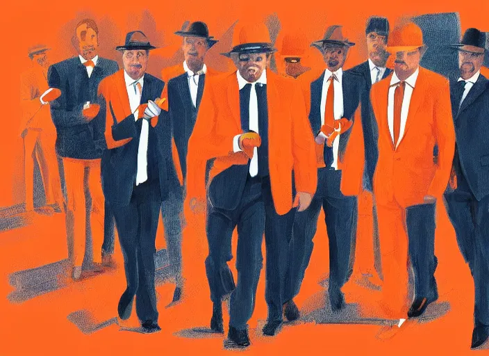 Prompt: the mafia wearing orange suits holding orange popsicles, digital art