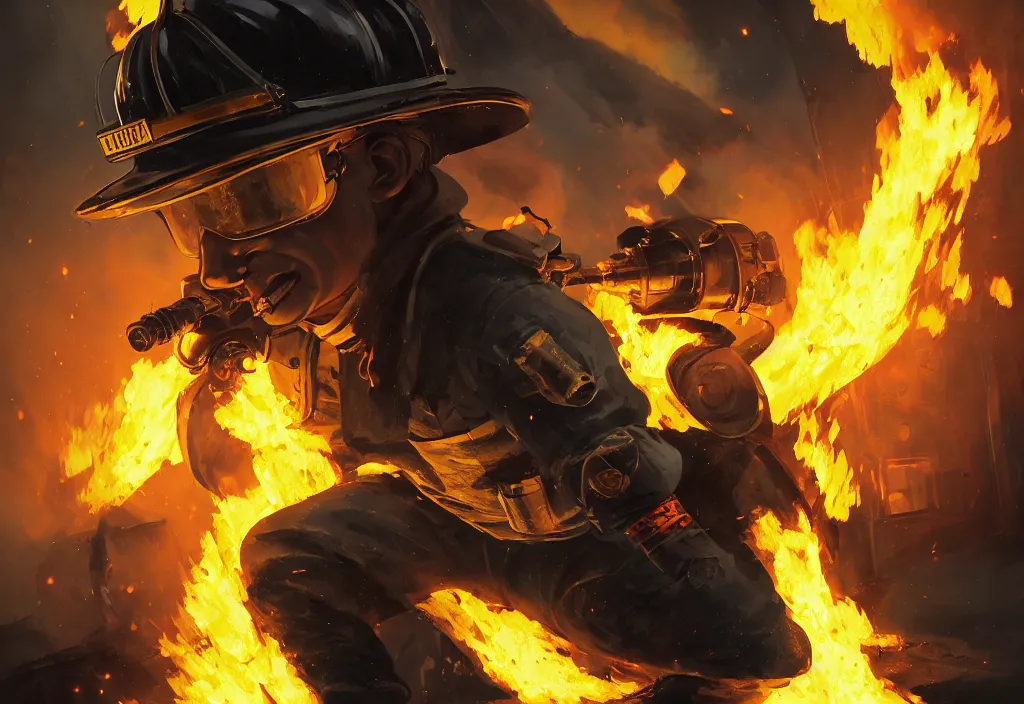 Image similar to heroic firefighter in action in black and yellow uniform, fire flames, sharp details, sharp focus, elegant, highly detailed, illustration, by jordan grimmer and greg rutkowski and pine ( ハイネ ) and 薯 子 imoko and 香 川 悠 作 and wlop and maya takamura, intricate