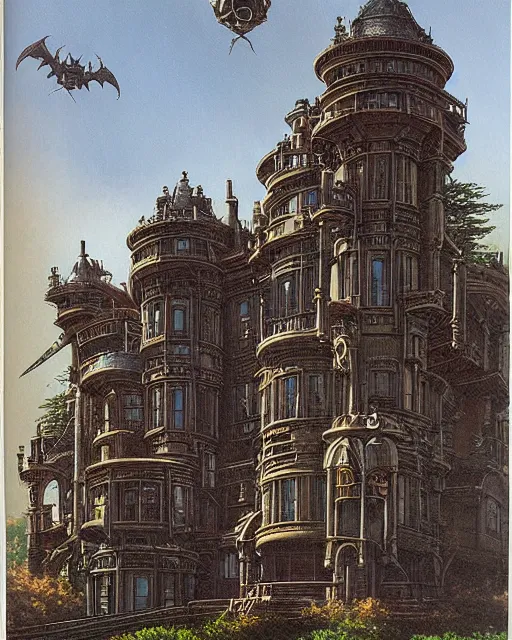 Prompt: steampunk mansion by ralph mcquarrie and frank lloyd frank lloyd and bruce pennington and ted nasmith