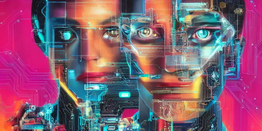 Image similar to portrait of computer & circuits, 8 k, by tristan eaton, trending on deviantart, face enhance, hyper detailed, minimalist, cybernetic, android, blade runner, full of colour, super detailed, cinematic, unreal engine, octane render, chalk texture on canvas