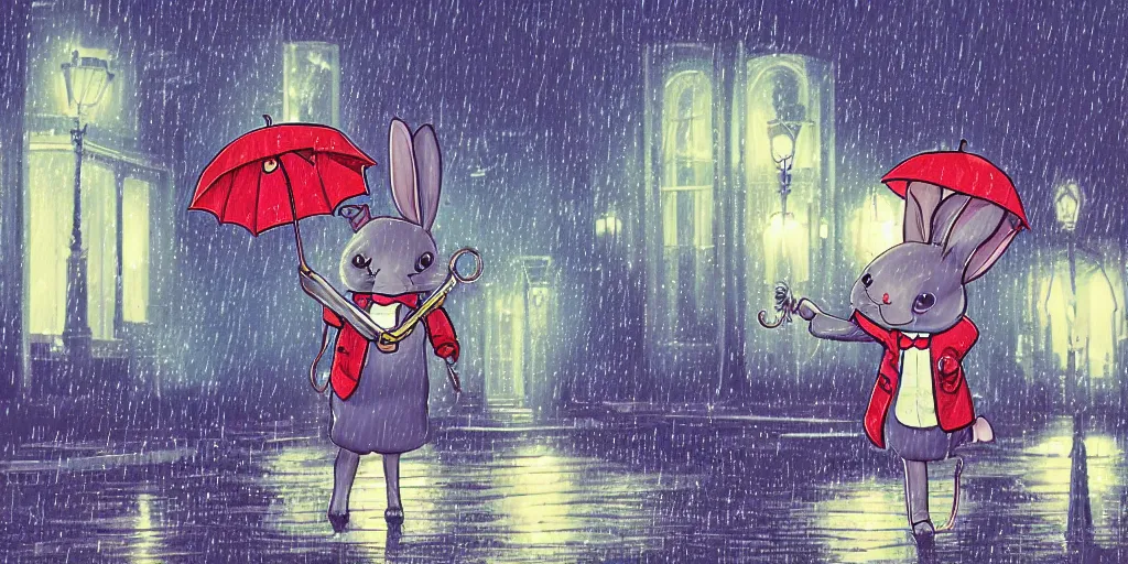 Image similar to a time traveling rabbit holding a pocket watch and an umbrella, rainy night, city lights, streetlights, digital art, sharp, 1 9 8 0 s style
