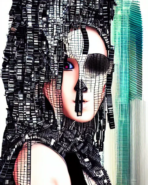 Image similar to cypherpunk fashion illustration, camera face, city street background with high tall buildings, abstract portrait highly detailed, finely detailed