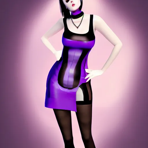 Prompt: a feminine curvy pale hot goth cutie wearing an tight purple-grey latex-nylon high-neck striped dress, choker necklace, cgsociety, photorealistic, sublime-cool-hyperadvanced-dark-amorous ambience, 16k, smooth, sharp focus, trending on ArtStation, volumetric lighting, fully clothed, thin waist