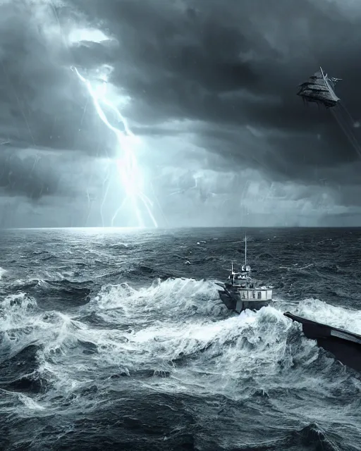 Prompt: establishing shot of a fishing boat on stormy seas, a gigantic star destroyer spaceship emerging from the clouds flying overhead, stormy weather, dramatic lighting, unreal engine, hyper realism, realistic shading, cinematic composition, realistic render, octane render, detailed textures, photorealistic, ultrawide shot, 16mm lens