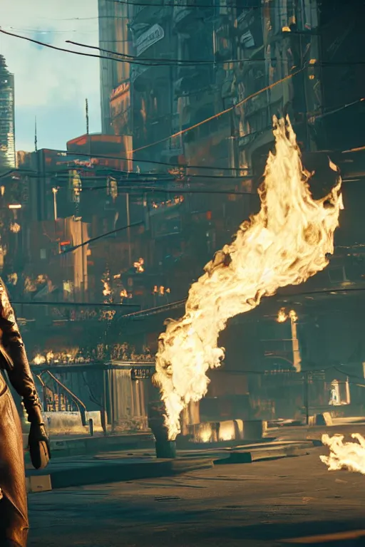 Prompt: in the foreground a street of Saint Petersburg, in the background a blond woman spitting flames with her hands wearing a long jacket like a matrix, realistic, high definition, many details, dramatic scene, detailed and realistic hands, symmetrical face, eyes realistic, art of cyberpunk 2077