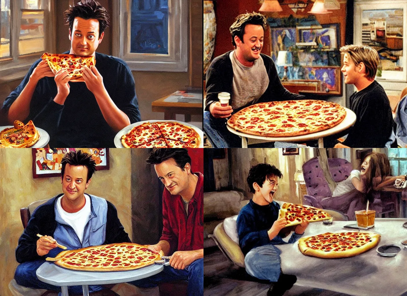Prompt: young Matthew Perry eating pizza, 'friends' tv show episode, epic painting by James gurney