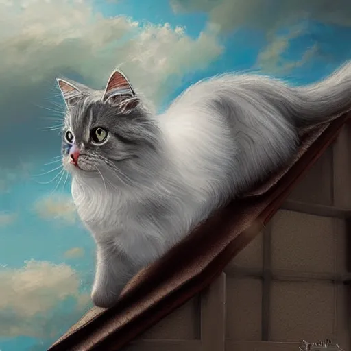 Prompt: a british longhair cat walking on the roof, by stanely artgerm