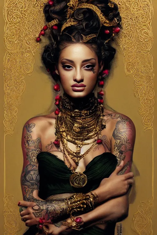 Image similar to an epic painting of arianna grande, curly messy high bun hairstyle, oriental tattoos, jeweled ornament over forehead, subject wearing a gold and black high fashion gown, flowing, ornate, beautiful, intricate, dramatic earth colors, with few fire red highlights, by jeremy mann and greg rutkowski, 8 0 mm lens, trending on artstation, oil on canvas