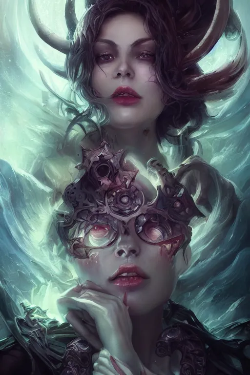 Prompt: face closeup beautiful girl necromancer full of sculls, wizard of the coast casting magic spell, angel and demons, heaven, magic storm and thunder clouds, scifi, fantasy, magic the gathering, hyper detailed, octane render, concept art, 3 d render, hyper realistic detailed portrait, peter mohrbacher