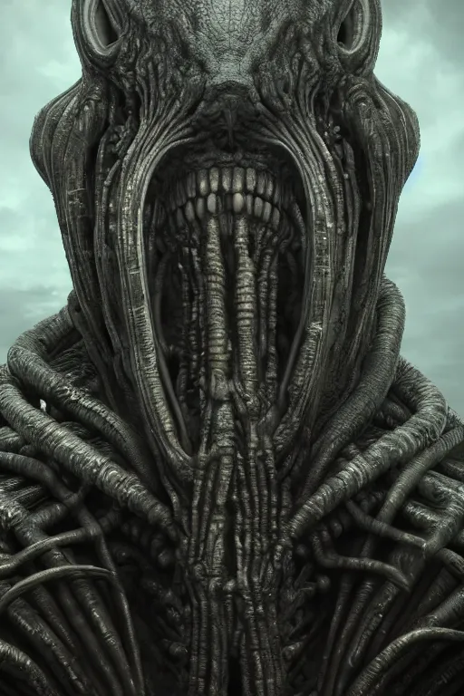 Prompt: ultrarealistic portrait of a strange alien creature, detailed matte painting, dark atmosphere, by h. r. giger and h. p. lovecraft, octane render, cgi