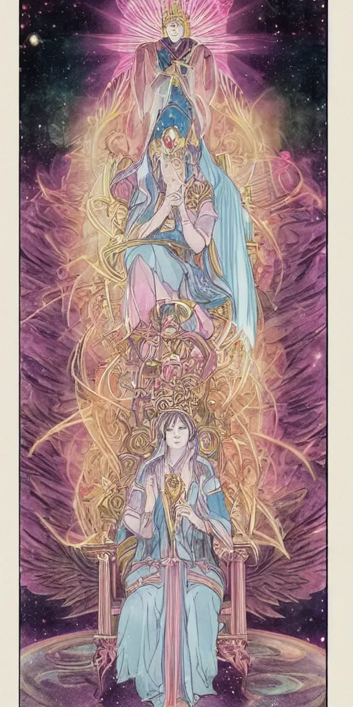 Prompt: a mystical woman priestess sitting on a throne, the divine feminine, drawn by studio UFOTABLE, pastel colors, Tarot cards. The empress tarot card, detailed, anime