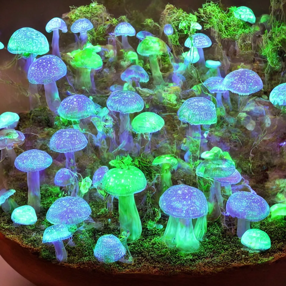 Prompt: a terrarium of bioluminescent mushrooms like jellyfish with veins