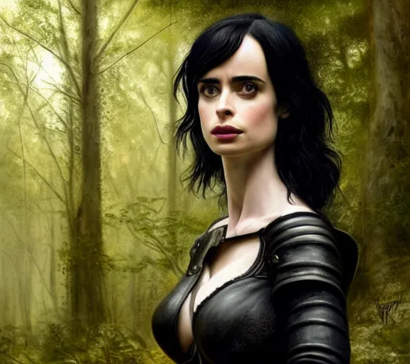 Image similar to 5 5 mm close up portrait photo of krysten ritter as yennefer of vengerberg in black leather armor and black hair, in a forest. magical atmosphere. art by greg rutkowski. lifelike. very detailed 8 k. intricate. soft light. nikon d 8 5 0.