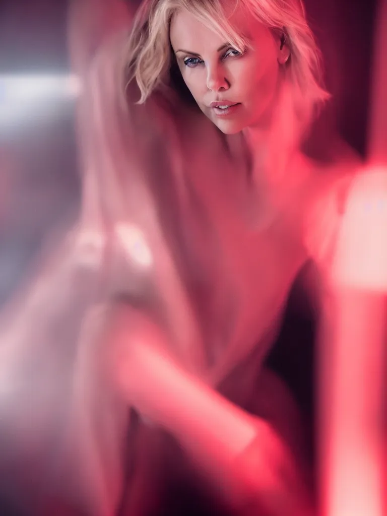 Prompt: photograph of Charlize Theron illuminated by red light , night , 85 mm f1.4