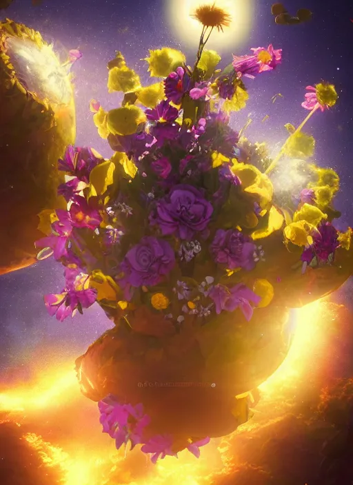 Image similar to An epic fantastic realism comic book style painting of the most beautiful flowers launched into space, bouquets, solar eclipse, fisheye, unreal 5, DAZ, hyperrealistic, octane render, dynamic lighting