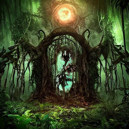 Image similar to horrific portal to hades embedded in a creepy tree in a densely overgrown, sombre, magical jungle, fantasy, dreamlike sunraise, ultra realistic, atmospheric, stopped in time, epic