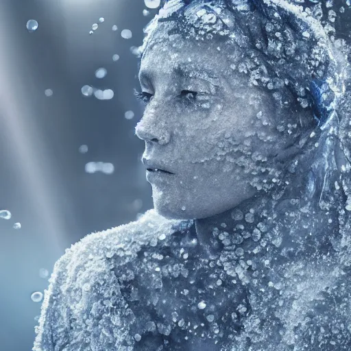 Prompt: futuristic female soldier eyes closed partly submerged in highly viscous clear fluid, frost particles, ice needles, cold blue light, complex hyperdetailed technical suit. white hair flowing. reflection. rays and dispersion of light. volumetric light. 5 0 mm, f / 3 2. noise film photo. ultra realistic, wide angle. rudolf herczog