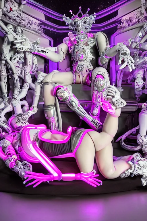 Image similar to full-body rococo and cyberpunk style neon statue of a muscular attractive Liam Payne macho dotado e rico android sim roupa reclining con las piernas abertas e la piroca dura, glowing white laser eyes, prince crown of pink gears, diamonds, swirling silver-colored silk fabric. futuristic elements. full-length view. space robots. human skulls. intricate artwork by caravaggio. Trending on artstation, octane render, cinematic lighting from the right, hyper realism, octane render, 8k, depth of field, 3D