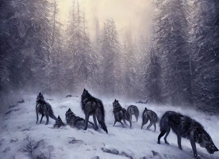 Image similar to A pack of wolves in a snowfield, a fantasy digital painting by Greg Rutkowski and James Gurney, trending on Artstation, highly detailed