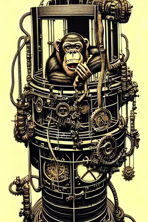 Image similar to steampunk cryo chamber containing an ape, high details, intricately detailed, by vincent di fate, inking, 3 color screen print, masterpiece, trending on artstation,, sharp, details, hyper - detailed, hd, 4 k, 8 k